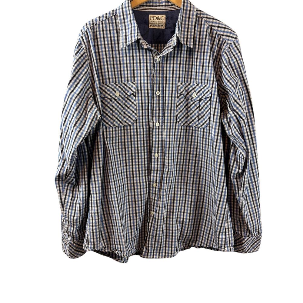 PD & C Paper Denim Cloth Button Up Dress Casual Long Sleeve Plaid Check XL
